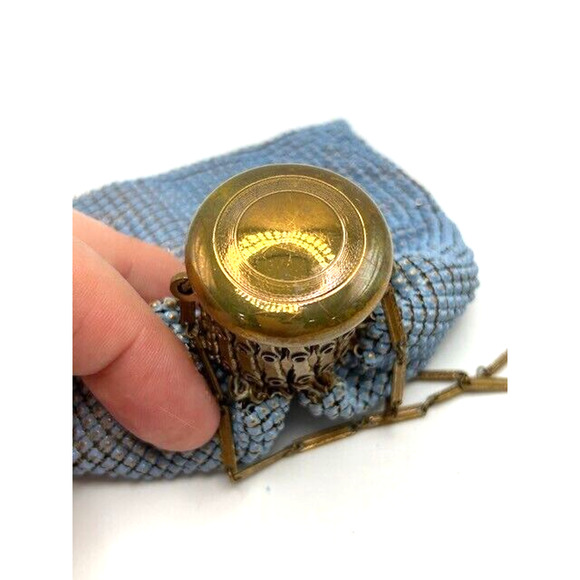 Vtg Antique Evening Purse Expandable Top Gold Mesh Beaded Beggars Bag Blue - Picture 7 of 14